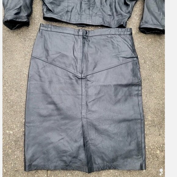 Vintage Real Leather Sequin Beaded Jacket Skirt Set Women XL Biker Western Disco - Picture 8 of 16